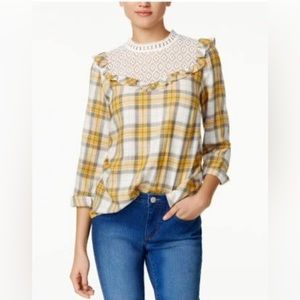 kensie Women's Regular Soft Plaid Ruffle Top